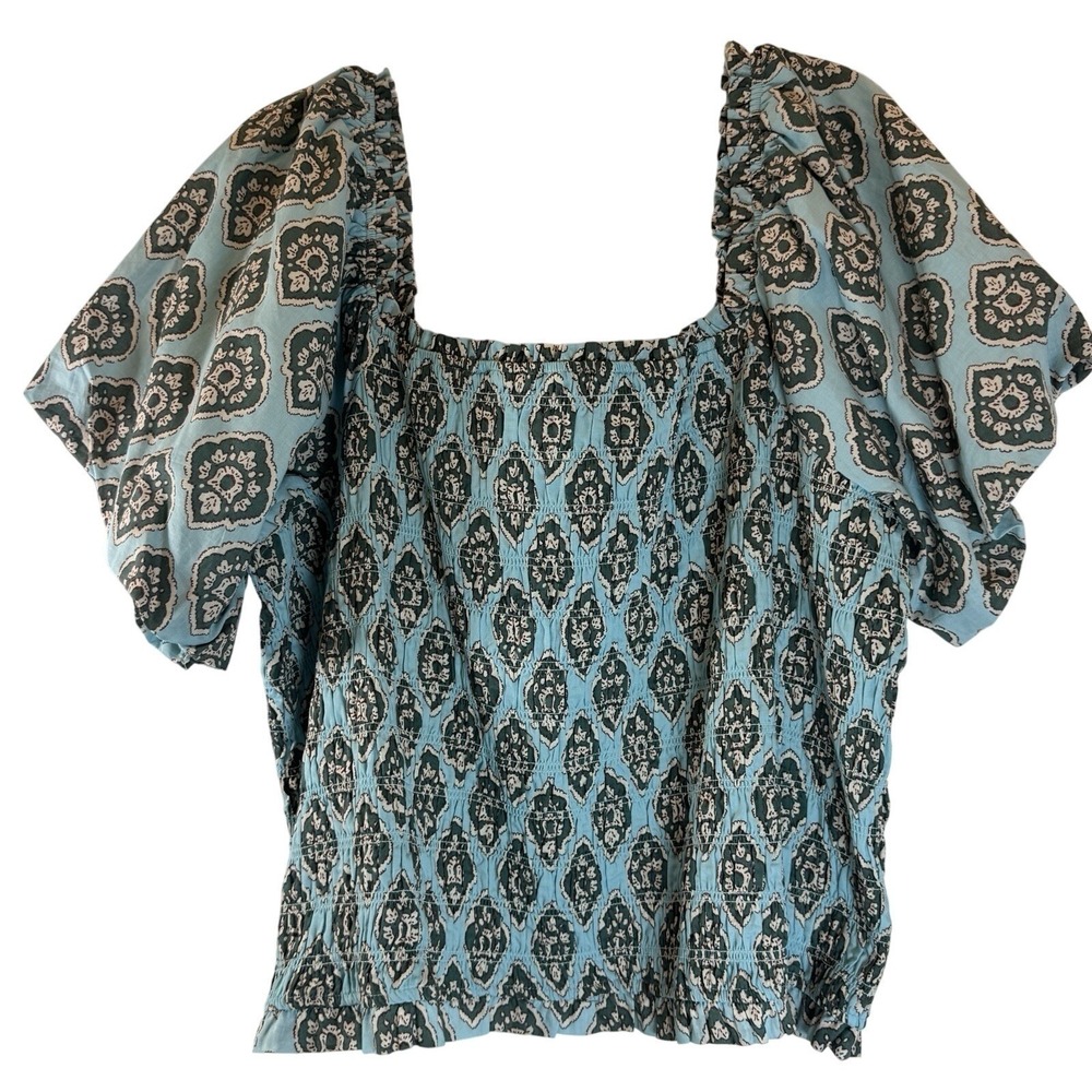 Maurice's‎ 4X Smocked Cotton Top Blue Green Spring Boho Peasant Festival Girly